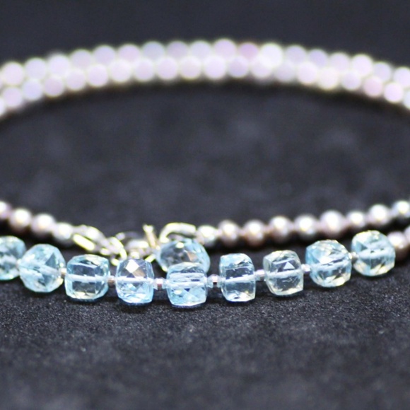 Solid 14k White Gold Natural Pearl, Sky Blue Topaz Necklace 17.5" - 18.1" - Picture 6 of 9